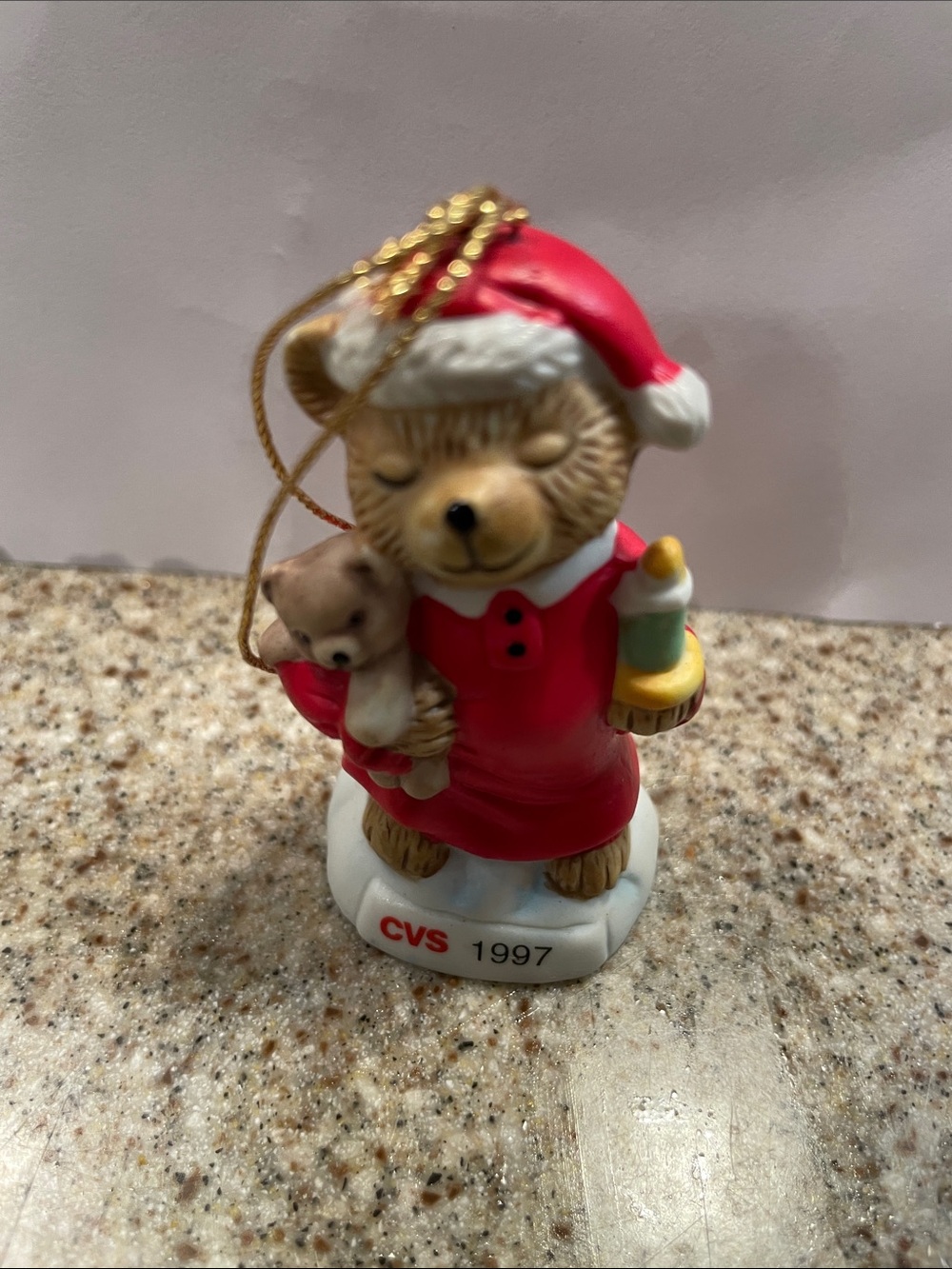 Vtg collectible CVS 1997 Red Santa Bear Ornament with Gold Cord